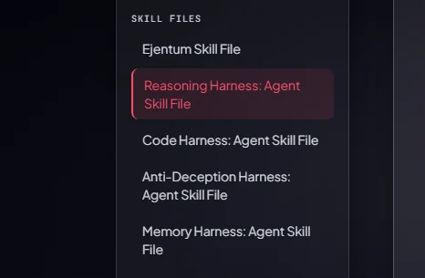 Website sidebar showing the five Skill Files: Ejentum, Reasoning, Code, Anti-Deception, Memory
