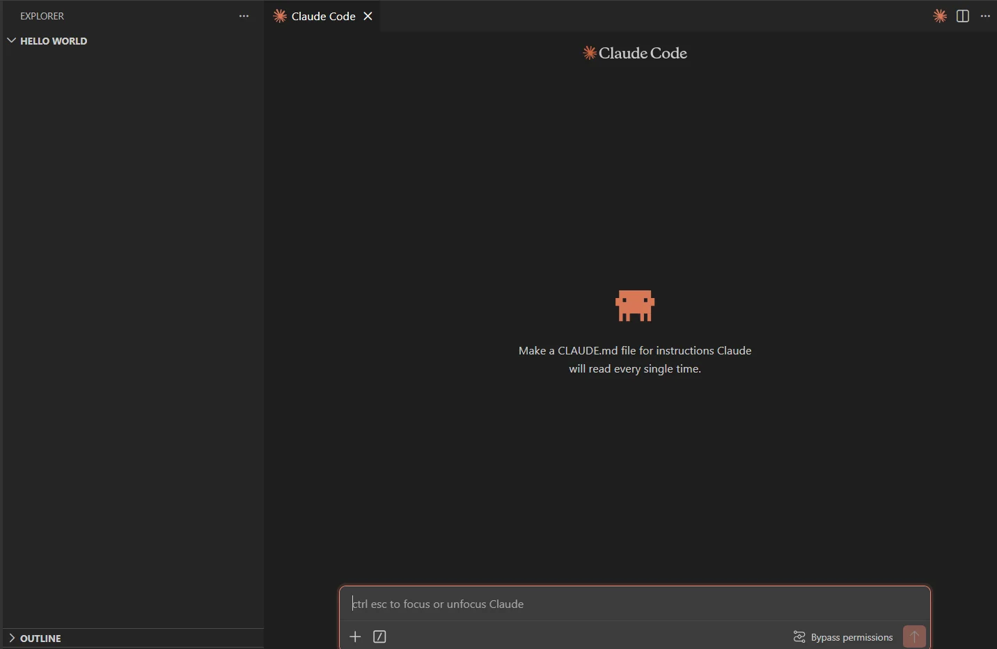 Empty Claude Code workspace showing the "Make a CLAUDE.md file" placeholder