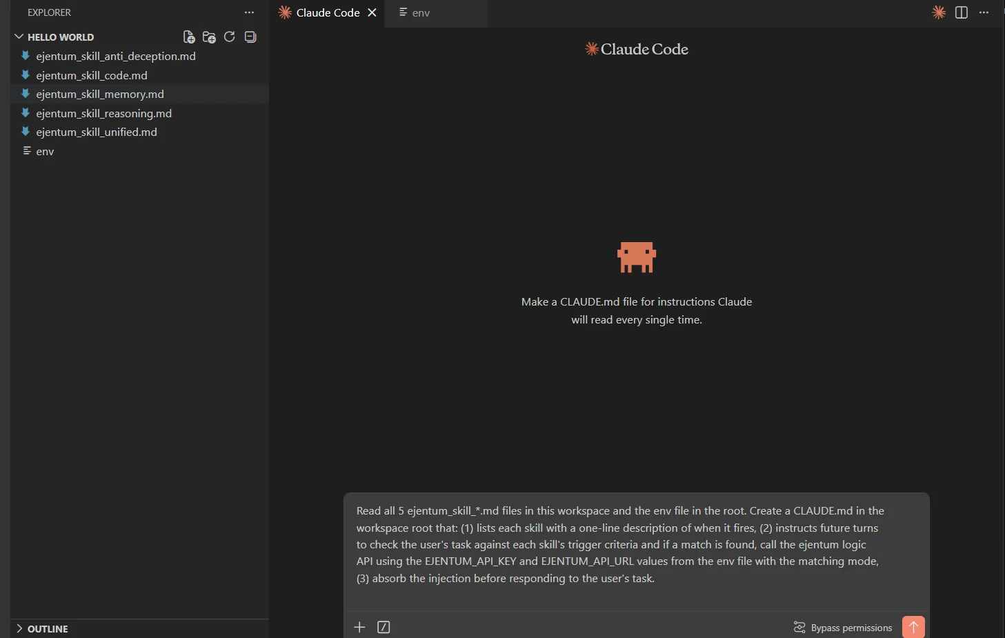 Workspace with 5 skill files + env file in the sidebar, ready state before pasting the install prompt in Step 3
