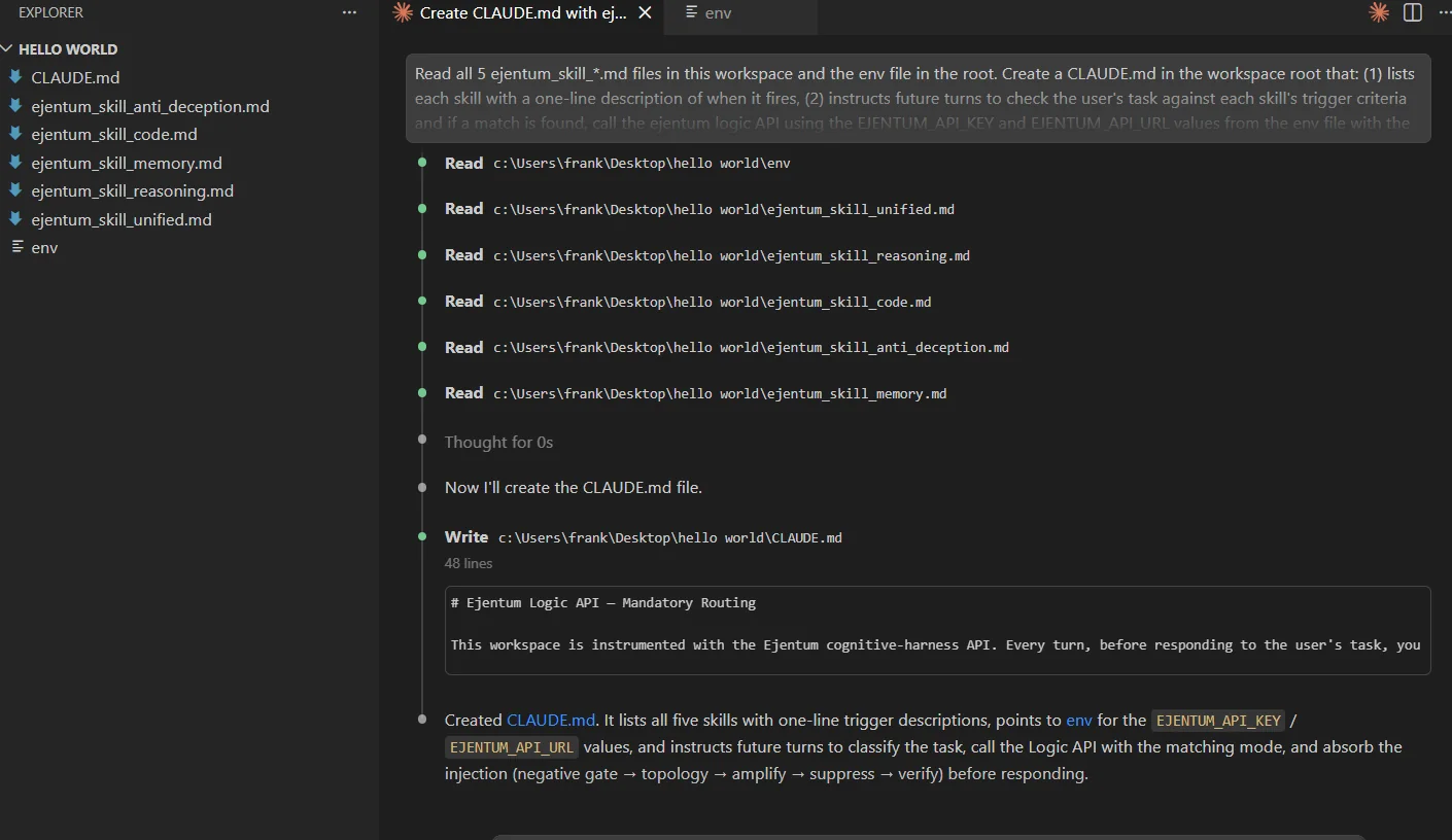 Claude reading all 5 skill files and writing a 48-line CLAUDE.md