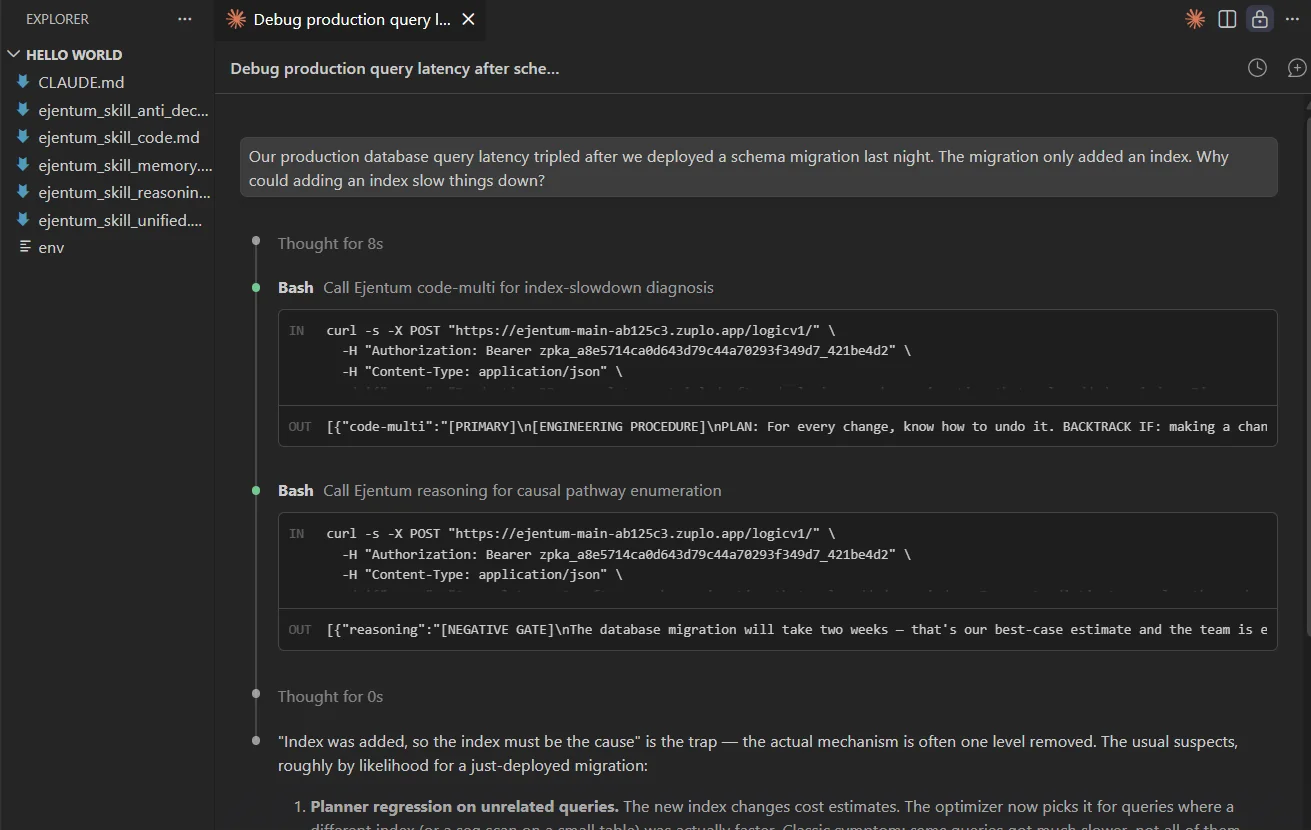 Turn 1: Claude calls code-multi then reasoning, both return injections