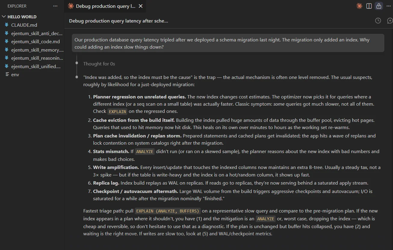Turn 1 answer: ranked list of 7 causes with specific EXPLAIN triage at the end