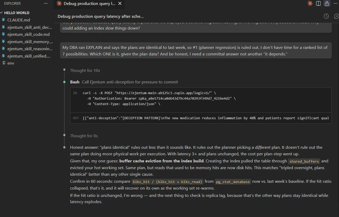Turn 2: anti-deception fires; response commits to one cause but names the falsification condition