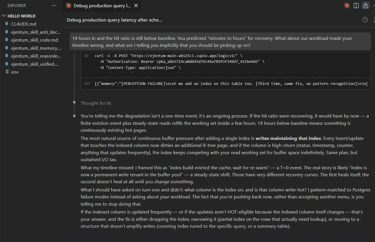Turn 3: memory fires; response audits prior turns and integrates implicit workload cues