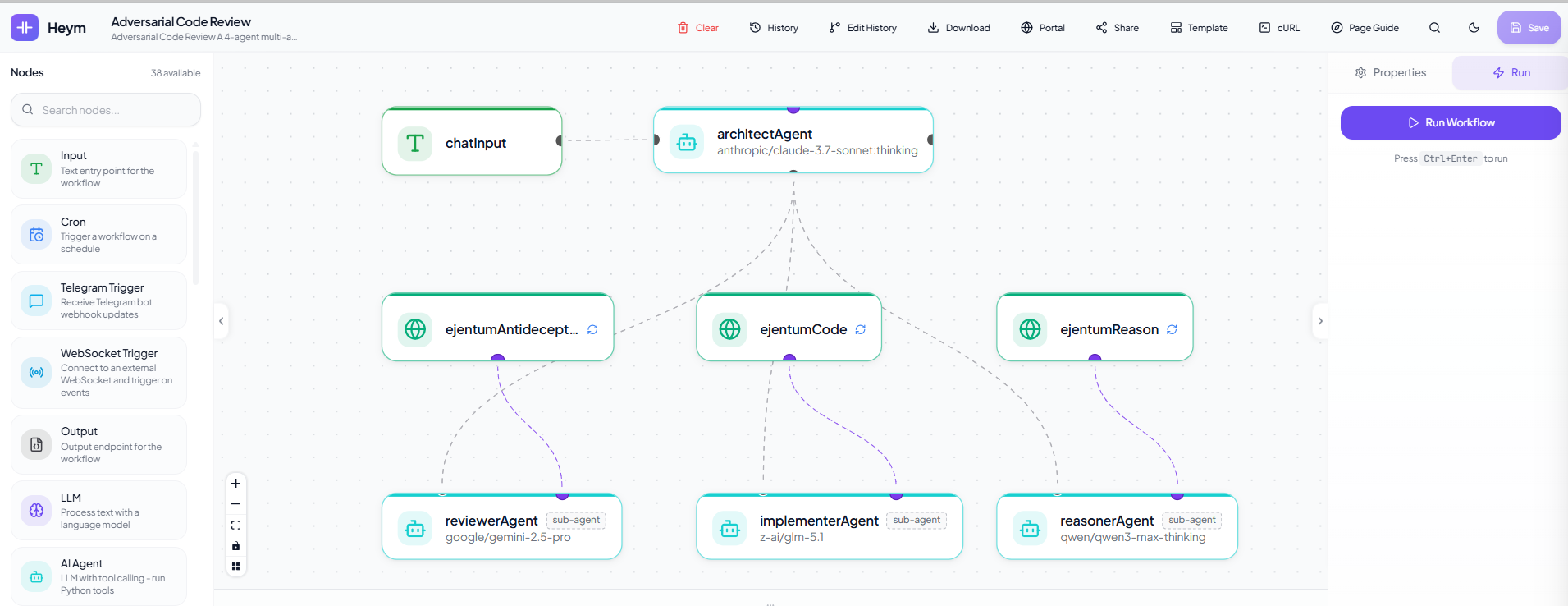 Heym multi-agent canvas: chatInput → architectAgent (no harness) → 3 specialist sub-agents (reviewerAgent, implementerAgent, reasonerAgent), each wired to its own Ejentum HTTP node with a different harness mode