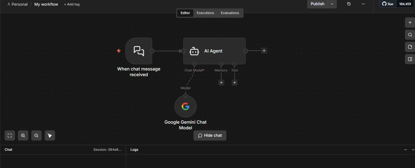 Empty AI Agent workflow: trigger, AI Agent, chat model, no tool connected yet