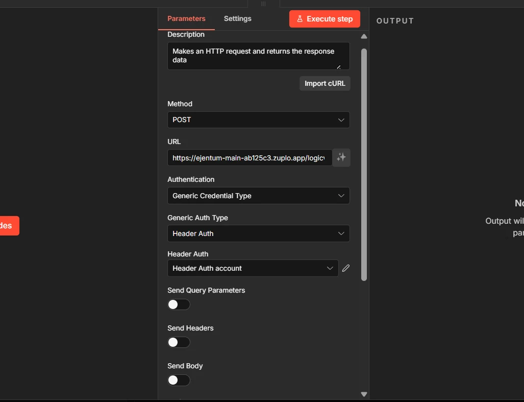 HTTP Request parameters: POST, Ejentum URL, Generic Credential Type, Header Auth