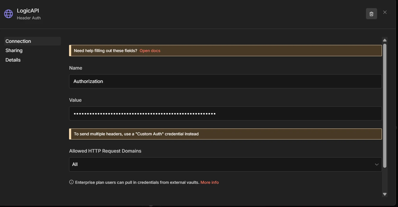 Header Auth credential: Authorization header with Bearer token value