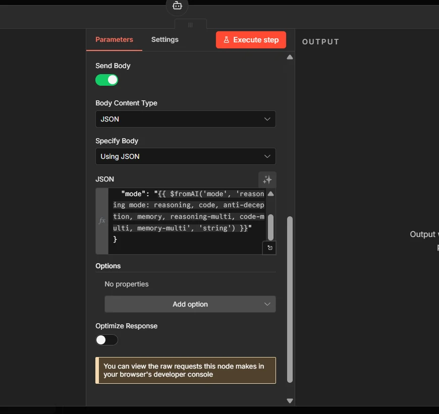 Send Body enabled with JSON containing $fromAI() expressions for query and mode