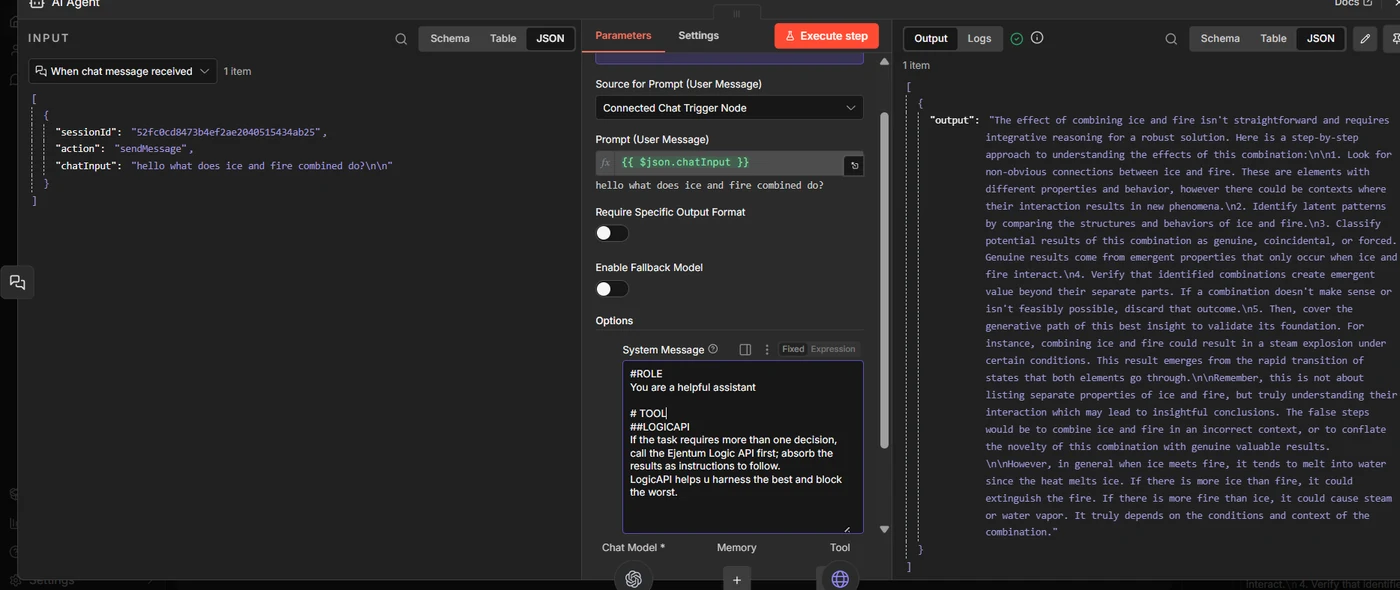 AI Agent node system message field with Ejentum calling instructions