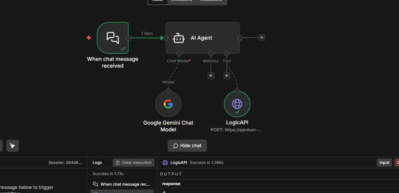 First call success: execute step, structured response on the right